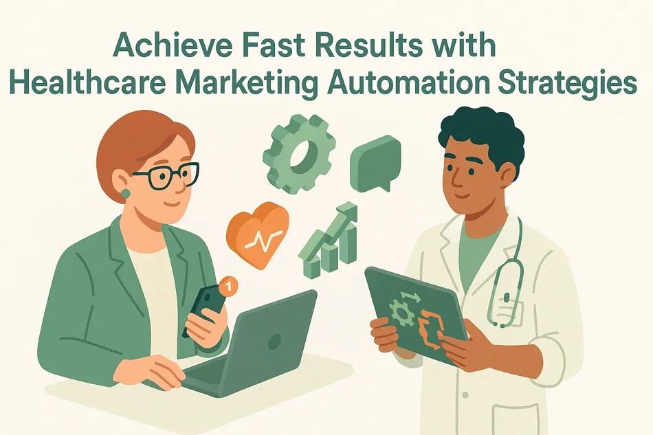 Cover illustration for "Achieve Fast Results with Healthcare Marketing Automation Strategies": a consultant at a laptop and a clinician with a tablet among gears, an ECG heart and green chat bubbles