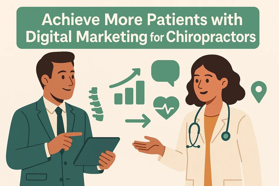 Cover illustration for "Achieve More Patients with Digital Marketing for Chiropractors": a consultant in a jacket holding a tablet and a doctor with a stethoscope among a spine, a rising chart and map pins