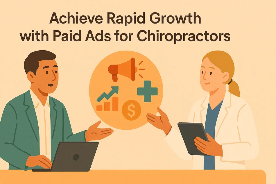 Cover illustration for "Achieve Rapid Growth with Paid Ads for Chiropractors": two professionals around an orange circle holding a megaphone, a rising chart and a dollar sign