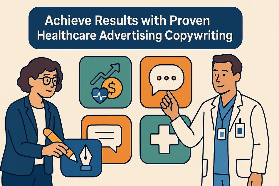 Cover illustration for "Achieve Results with Proven Healthcare Advertising Copywriting": a copywriter holding a fountain pen and a clinician on a blue background with dollar, chat and medical cross cards