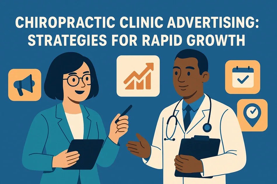 Cover illustration for "Chiropractic Clinic Advertising: Strategies for Rapid Growth": two clinicians on a dark blue background with megaphone, rising chart, calendar and map pin cards