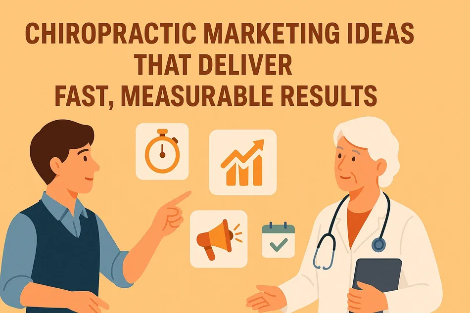 Cover illustration for "Chiropractic Marketing Ideas That Deliver Fast, Measurable Results": a consultant and a senior doctor on a yellow background with a stopwatch, a chart, a megaphone and a calendar
