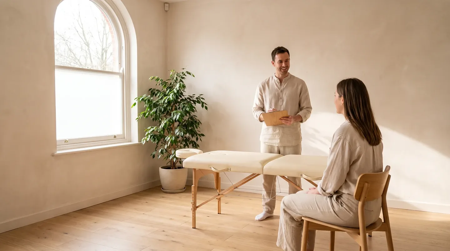 Chiropractor talking with a new patient beside the treatment table in a private practice