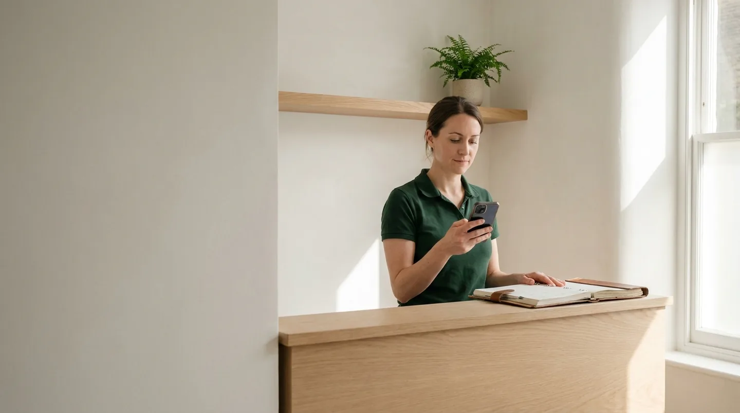 Clinic owner at the front desk taking a new appointment request during the day