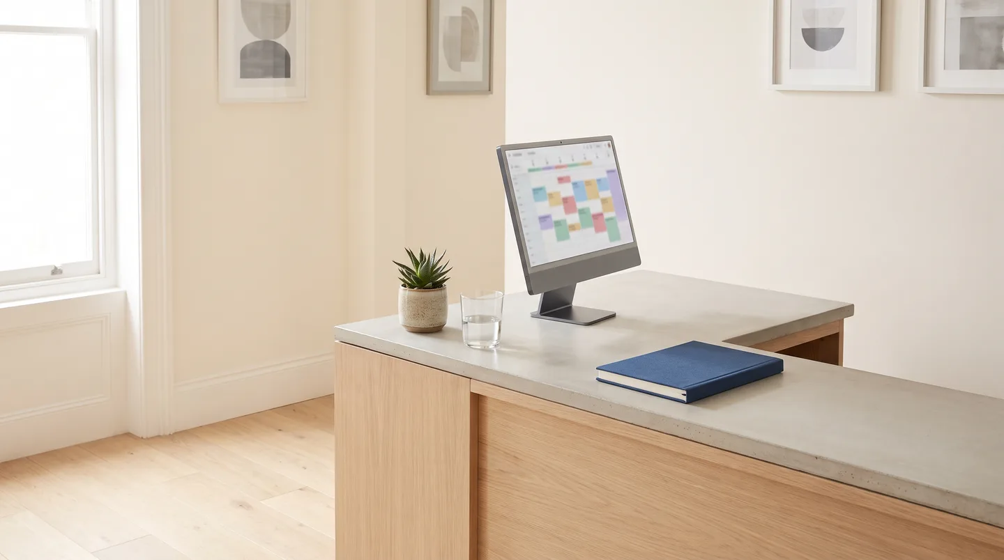 A manual therapy clinic reception desk with the day's appointment list open on a screen