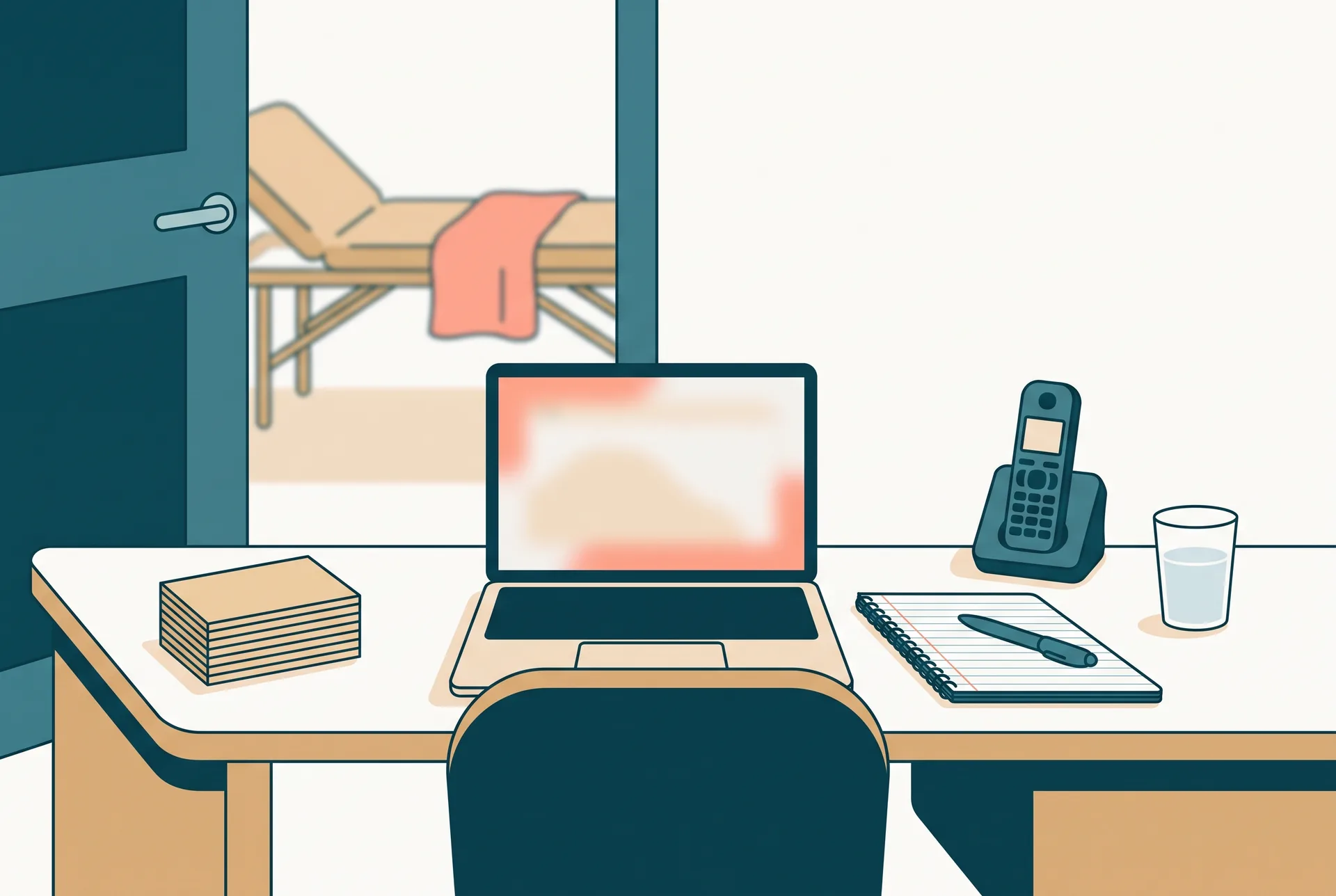 The desk of a two-room therapy practice in clear morning light, photographed from a standing position just behind the chair: an open laptop turned away so the screen is a pale blur with nothing readable on it, a ruled notebook beside it with a single pen laid across the page, a cordless telephone on its base, a small stack of blank index cards squared off at the corner of the desk and a glass of water. Behind the desk a half-open door shows the end of a treatment couch with a folded towel on it, slightly out of focus. No people in frame, no logos and no legible text anywhere.