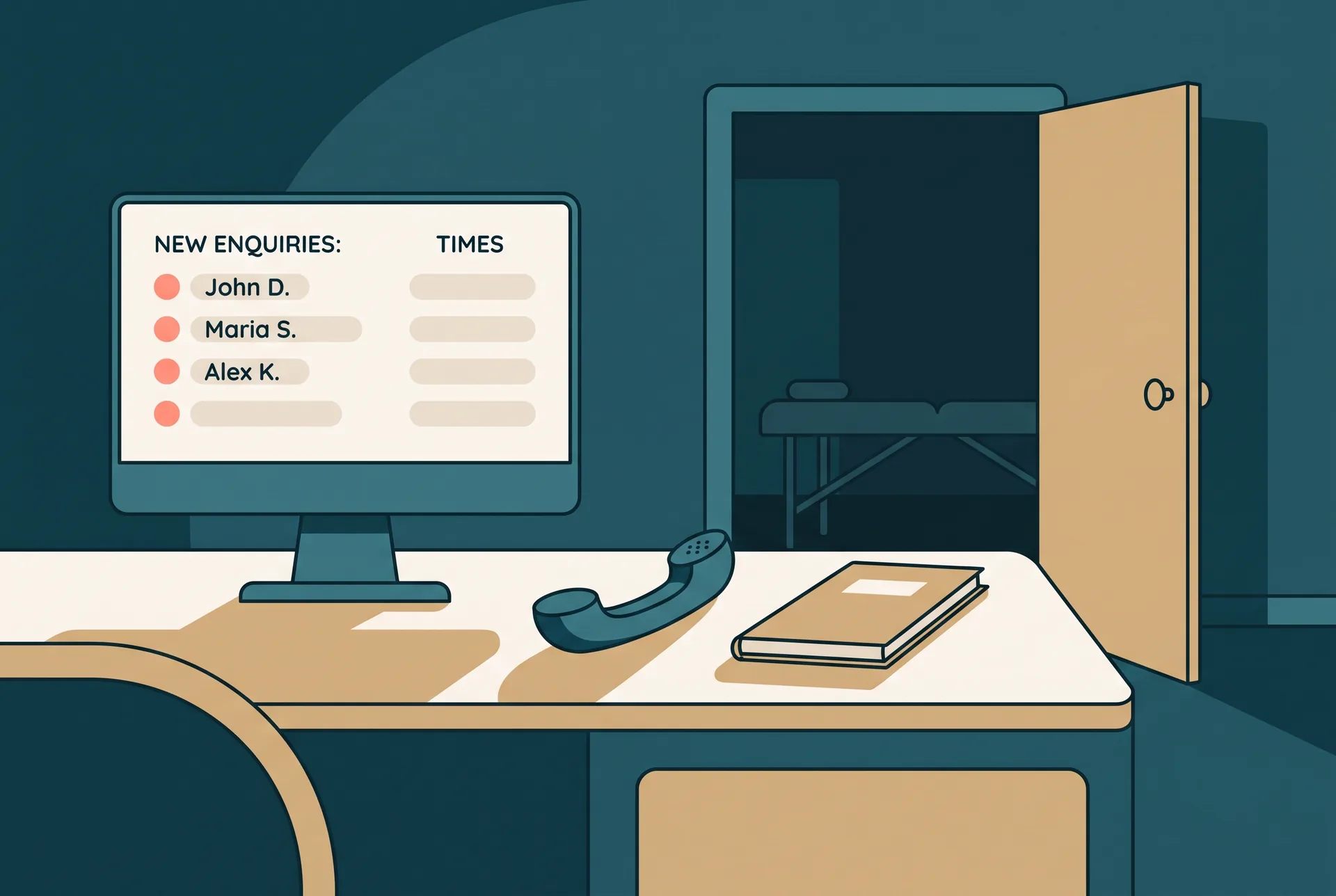 The front desk of a small manual therapy practice after the last appointment of the day, a screen showing a short list of new enquiries that have names but no appointment times, a telephone lying face down beside a paper appointment book, the door of an empty treatment room standing open behind, low evening light across the counter