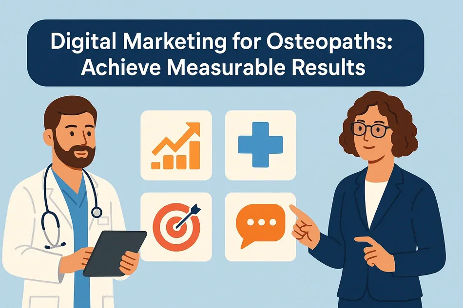 Cover illustration for "Digital Marketing for Osteopaths: Achieve Measurable Results": an osteopath in a lab coat and a manager in a blue jacket with chart, medical cross, target and chat cards