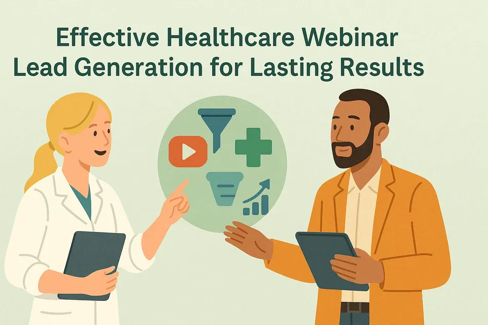 Cover illustration for "Effective Healthcare Webinar Lead Generation for Lasting Results": a doctor and a consultant in a mustard jacket pointing at a funnel with a play button and a rising chart