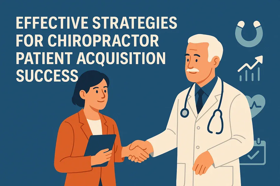 Cover illustration for "Effective Strategies for Chiropractor Patient Acquisition Success": a consultant shaking hands with a senior clinician on a blue background, with a magnet, a rising chart and a checkmark