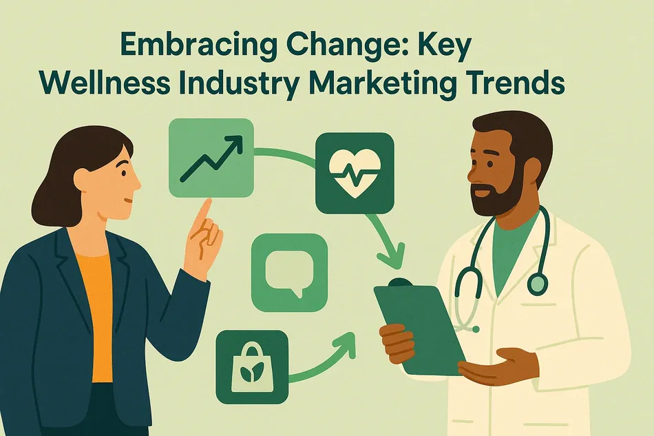 Cover illustration for "Embracing Change: Key Wellness Industry Marketing Trends": a consultant in a blazer and a clinician linked by green cards showing a rising arrow, an ECG line, a chat bubble and a padlock