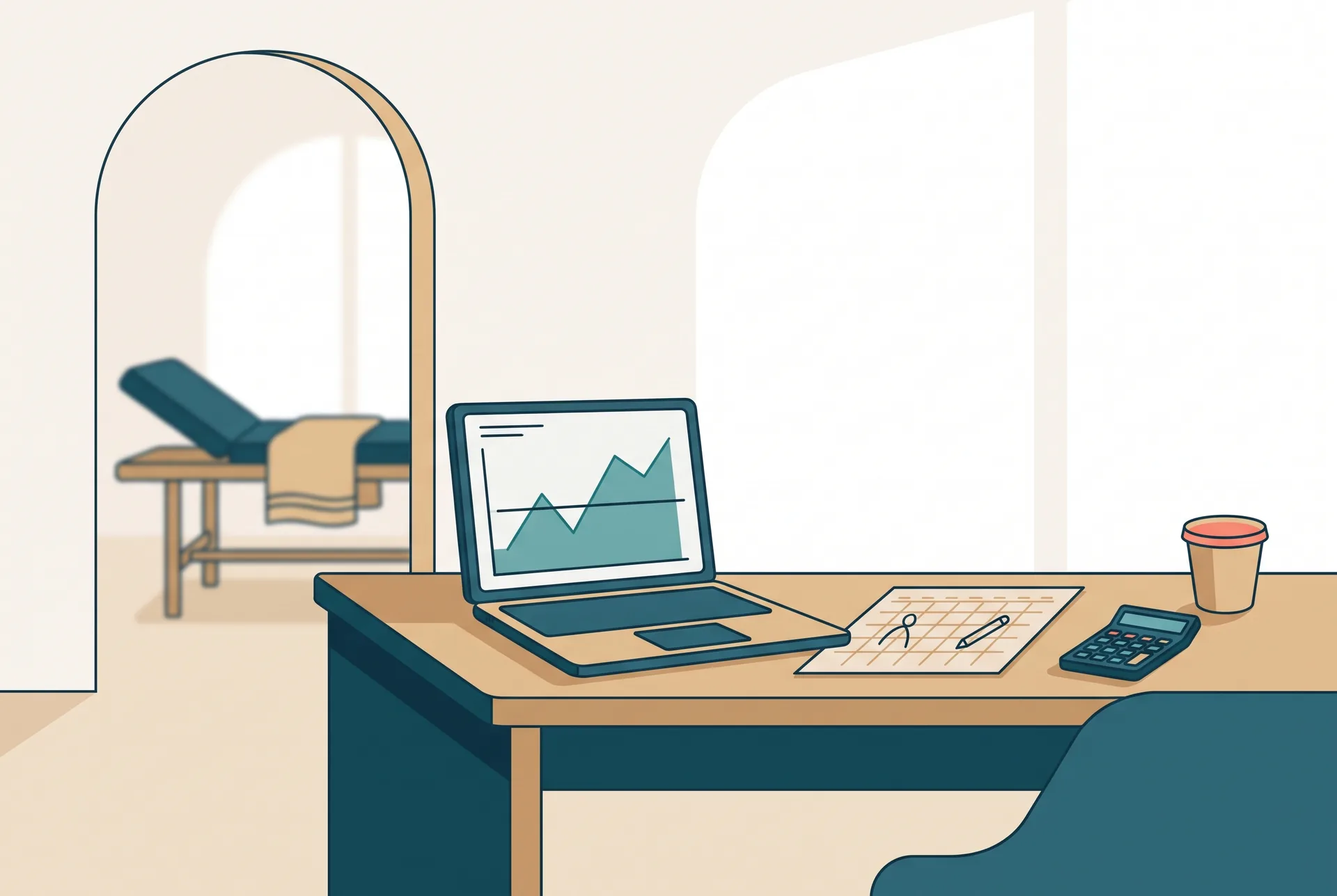 The small back office of a therapy practice in daylight, photographed from the side: an open laptop on a wooden desk showing a plain line chart that rises and falls around a flat horizontal line, a paper monthly planner beside it with a few figures written in pencil, a pocket calculator and a cup of coffee. Through the doorway behind, a treatment couch with a folded towel is slightly out of focus. No people in frame and no readable text on the screen.