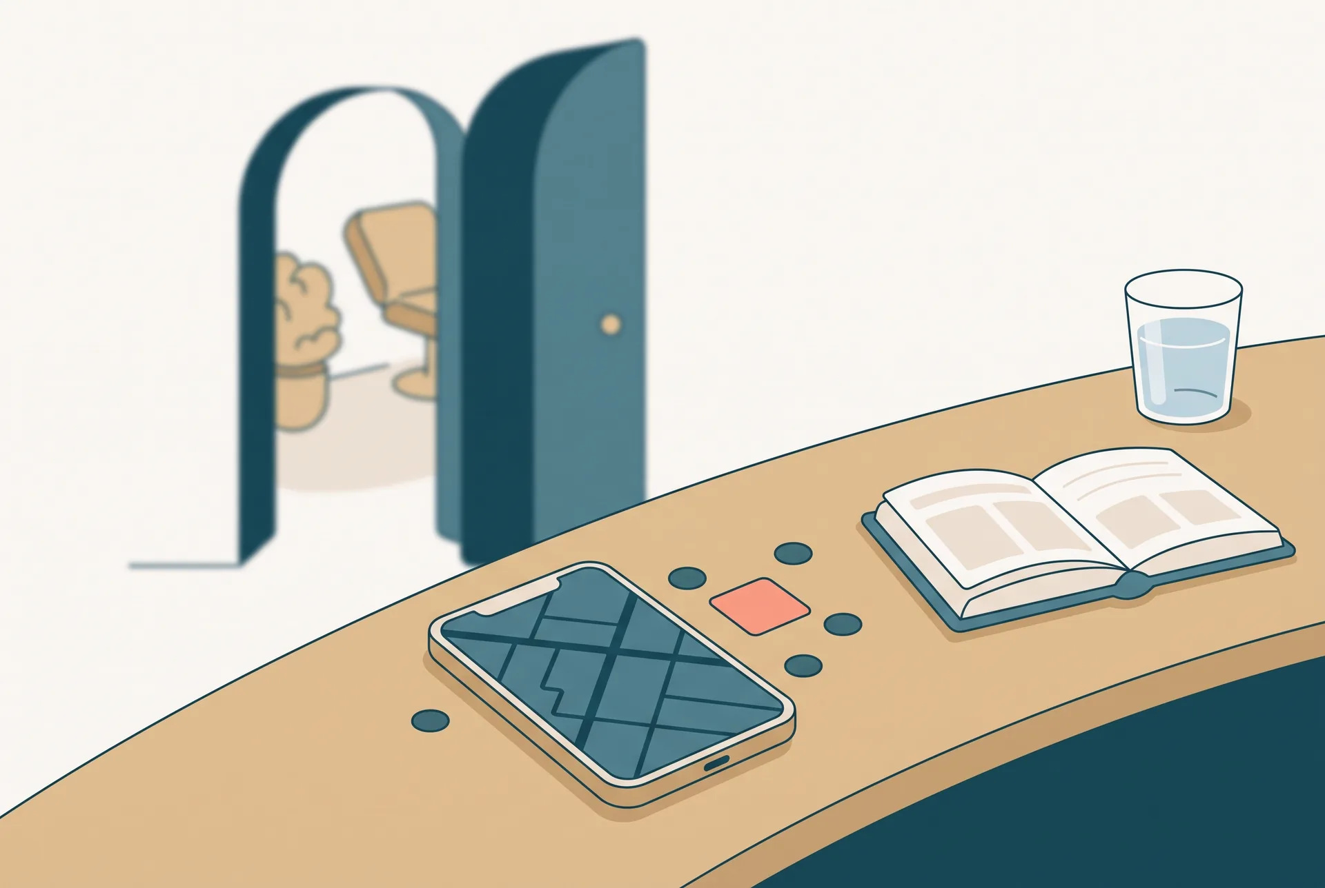 A phone lying flat on the reception counter of a small therapy practice, showing a plain street map with one square marker standing out among several round ones, photographed from above in daylight. Beside the phone an appointment book left open and a glass of water; behind the counter, slightly out of focus, a doorway onto a treatment room. No people in frame and no readable text on the screen.