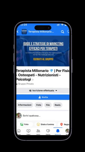 Smartphone che mostra il gruppo Facebook privato Terapista Milionario di Med-Wave