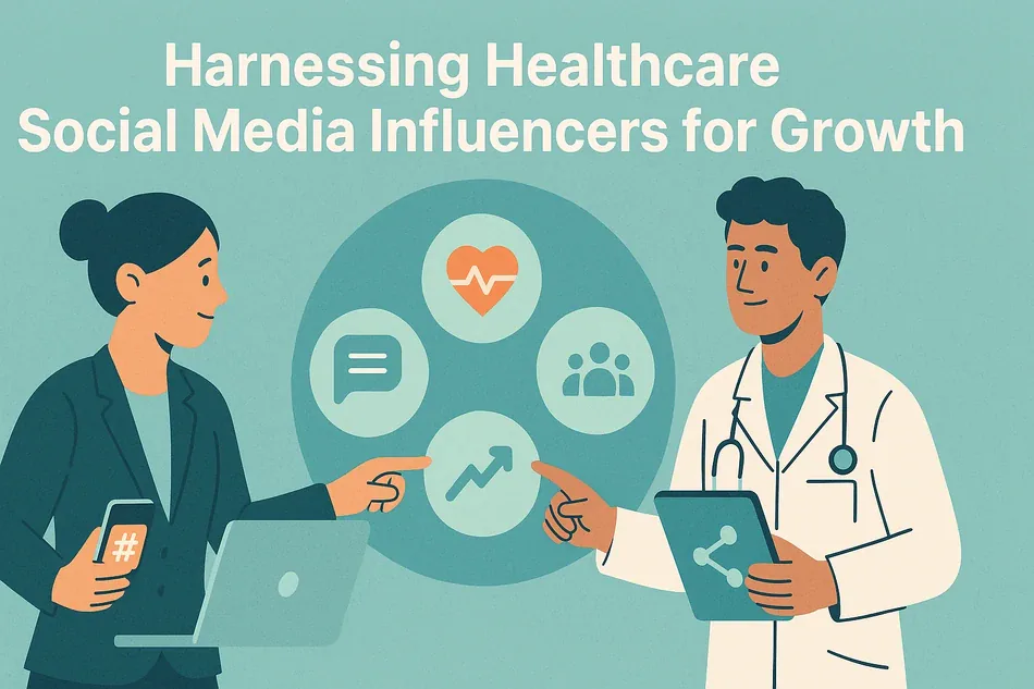 Cover illustration for "Harnessing Healthcare Social Media Influencers for Growth": two professionals around a circle with a heart, chat bubbles, user icons and a chart on a teal background