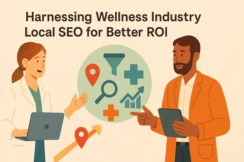 Cover illustration for "Harnessing Wellness Industry Local SEO for Better ROI": a doctor at a laptop and a consultant in an orange jacket around a circle with map pins, a magnifier, a cross and a chart