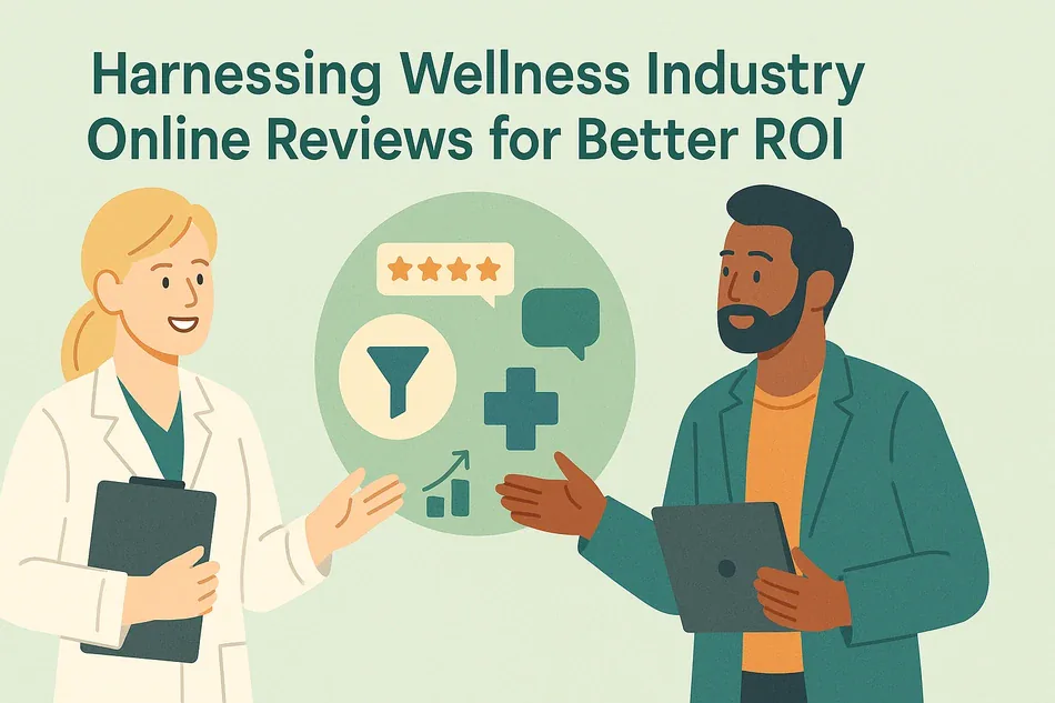 Cover illustration for "Wellness Industry Online Reviews: Boost ROI & Bookings": a doctor and a colleague around a circle showing a star review, a funnel and a medical cross