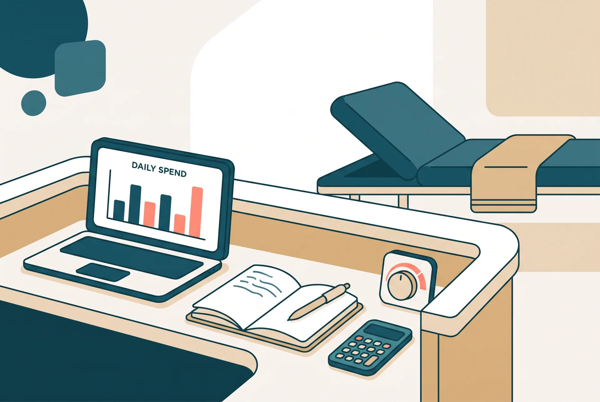 The reception desk of a small therapy practice, seen from slightly above: a laptop showing a simple bar chart of daily advertising spend, an open paper diary beside it, a pocket calculator, and a budget dial turned partway up. A treatment couch and a folded towel in the background. No people in frame.