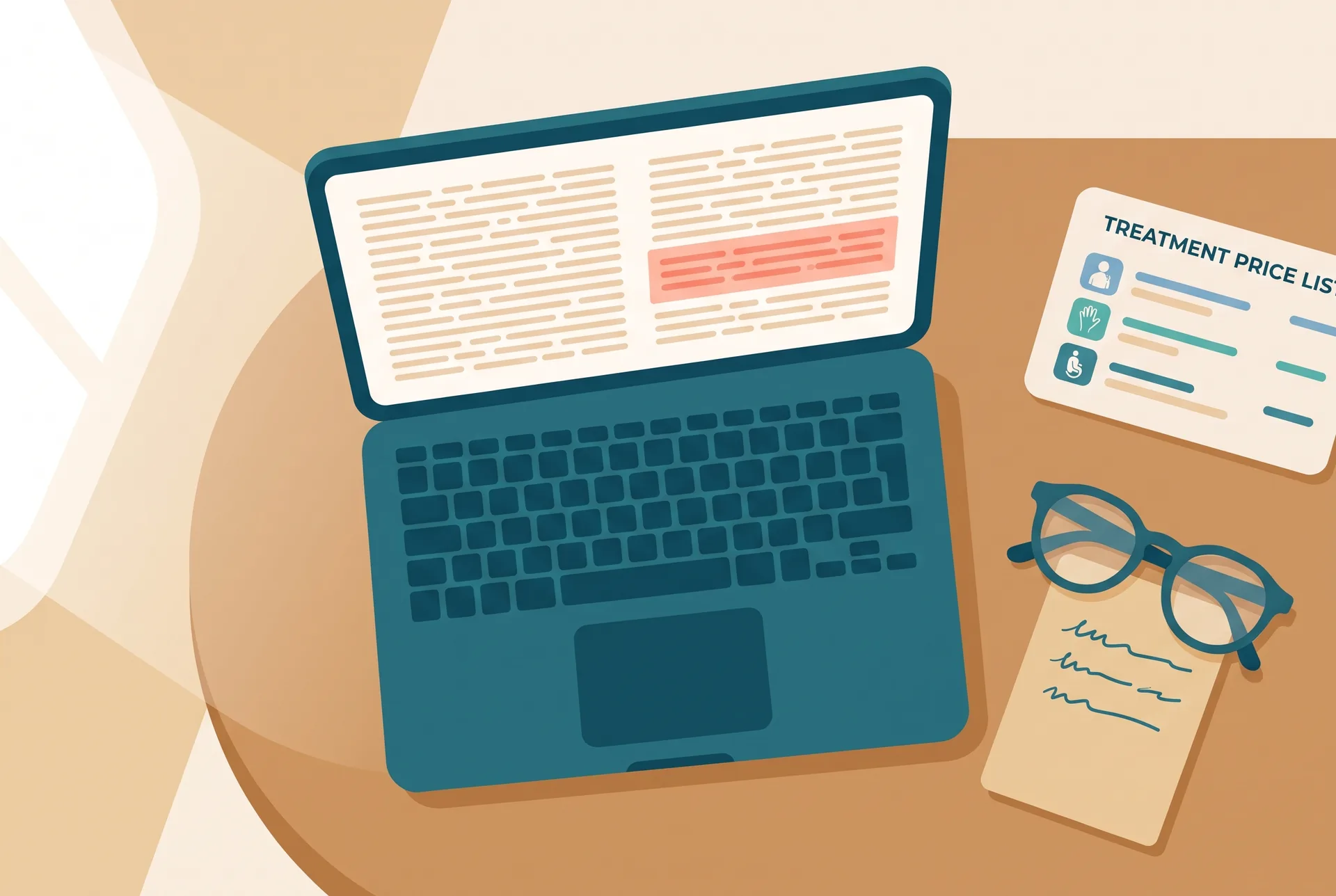 A desk in a small manual therapy practice seen from above, a laptop open on a page of dense advertising policy text with one paragraph marked in highlighter, a printed treatment price list pushed to one side, a pair of reading glasses resting on a notepad with a short handwritten list, morning light from a window to the left, no people in frame