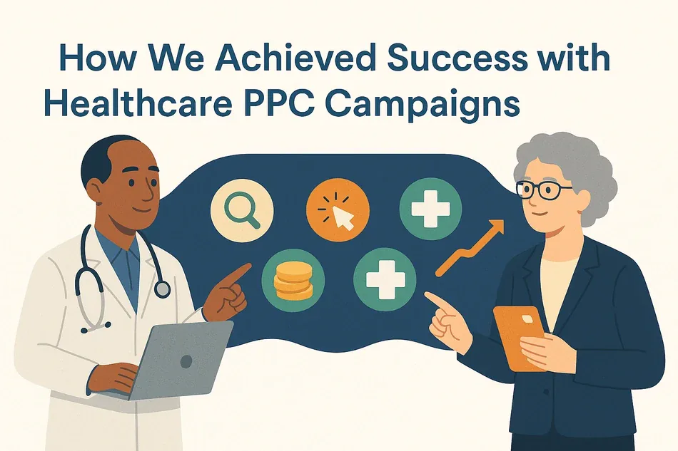 Cover illustration for "How We Achieved Success with Healthcare PPC Campaigns": a clinician at a laptop and a senior consultant on a blue background with a magnifier, coins, a medical cross and a rising arrow