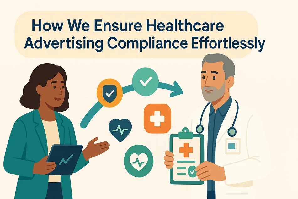 Cover illustration for "How We Ensure Healthcare Advertising Compliance Effortlessly": a consultant and a clinician holding a patient chart among compliance checkmarks, a medical cross and an ECG heart