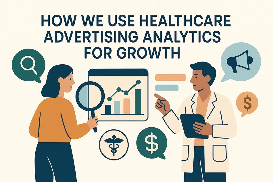Cover illustration for "Healthcare advertising analytics that fill your schedule": an analyst holding a magnifier over a bar chart and a clinician with a tablet, among dollar signs and a megaphone