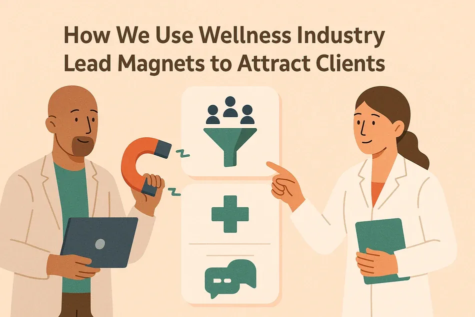Cover illustration for "How We Use Wellness Industry Lead Magnets to Attract Clients": a clinician holding a magnet and a colleague with a tablet next to a funnel with user icons, a cross and a chat bubble
