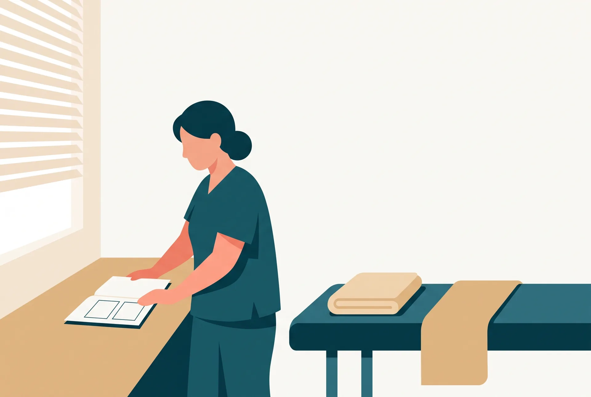 A massage therapist alone in a quiet treatment room at the end of the afternoon, standing beside a folded towel on an empty massage table and looking at a paper week planner on the reception desk where two morning slots are blank, warm low light through a window blind