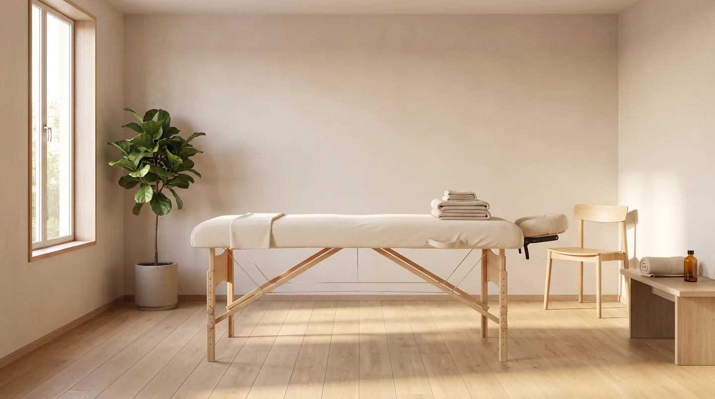 An empty, made-up massage table in a private treatment room, ready for the next client