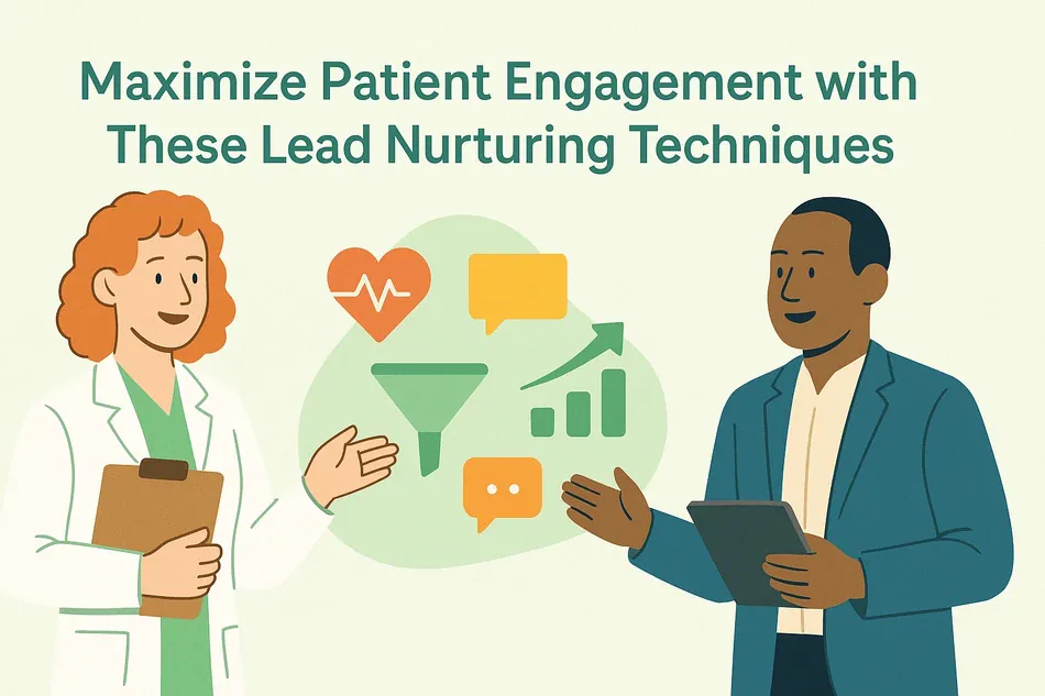 Cover illustration for "Maximize Patient Engagement with These Lead Nurturing Techniques": a doctor with a clipboard and a consultant in a blue jacket around a green circle with an ECG line, a funnel and a chart