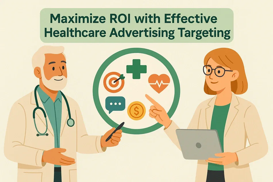Cover illustration for "Maximize ROI with Effective Healthcare Advertising Targeting": a senior clinician with a pen and a consultant at a laptop around a circle with a target, a cross, a dollar sign and a chat bubble