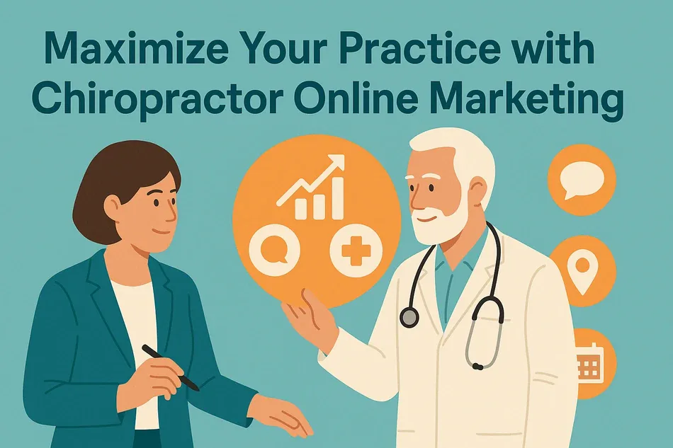 Cover illustration for "Maximize Your Practice with Chiropractor Online Marketing": a consultant and a senior clinician on a turquoise background around an orange circle with a chart and a medical cross