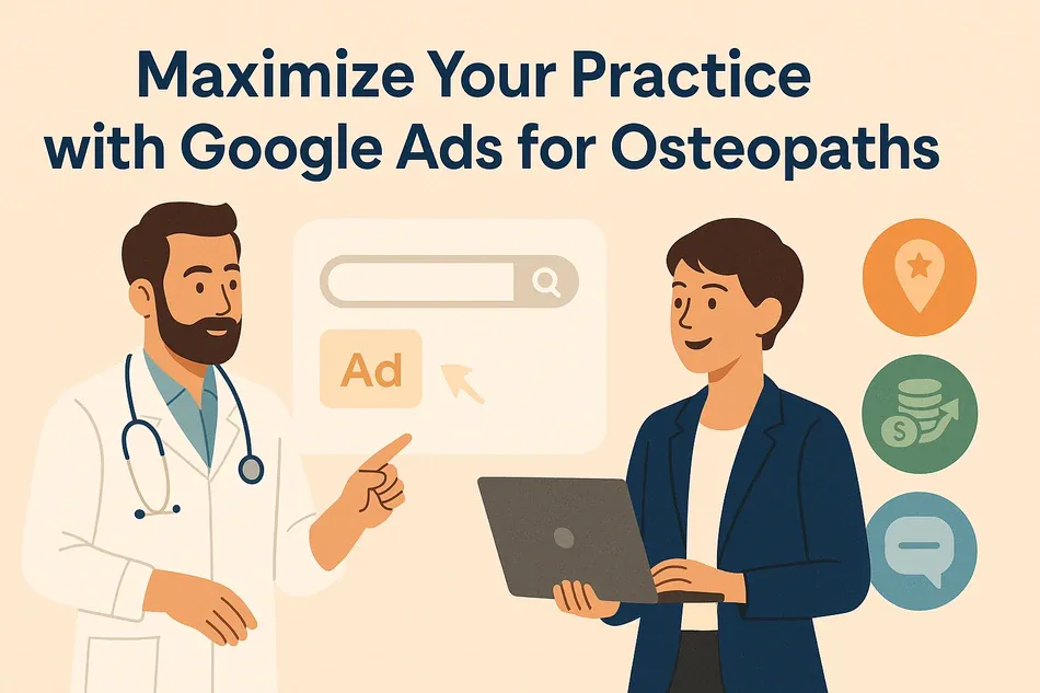 Cover illustration for "Maximize Your Practice with Google Ads for Osteopaths": a clinician pointing at a search bar labelled Ad and a consultant at a laptop, among coins and a map pin