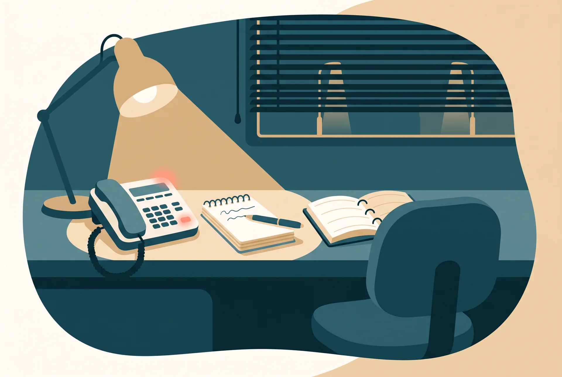 The small front desk of a private manual therapy practice photographed after closing time, seen straight on from the waiting area: a corded desk telephone with its handset in the cradle and a single message light showing, a spiral notepad beside it with a pen laid across an unfinished line, an open appointment diary turned towards the empty chair behind the desk, a dark window at the back of the room with street light coming through the blind, warm lamp light falling on the desk only, no people in frame