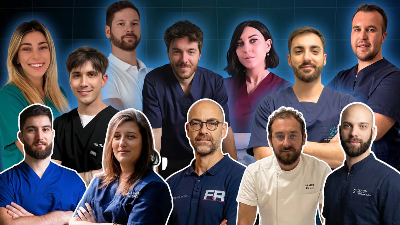 Collage dei professionisti sanitari partner di Med-Wave in divisa da studio su fondo blu