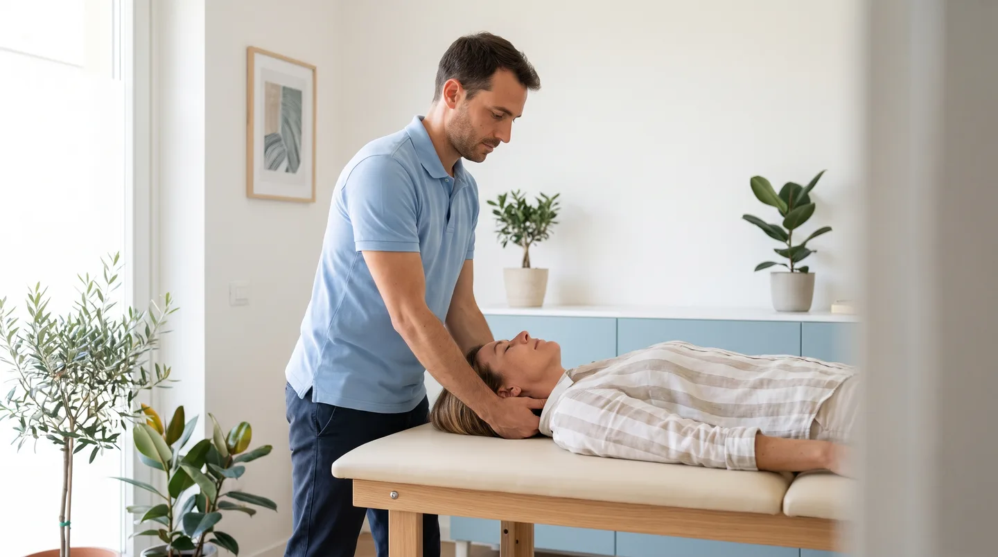 Osteopata esegue un trattamento manuale sulla cervicale di un paziente nel proprio studio