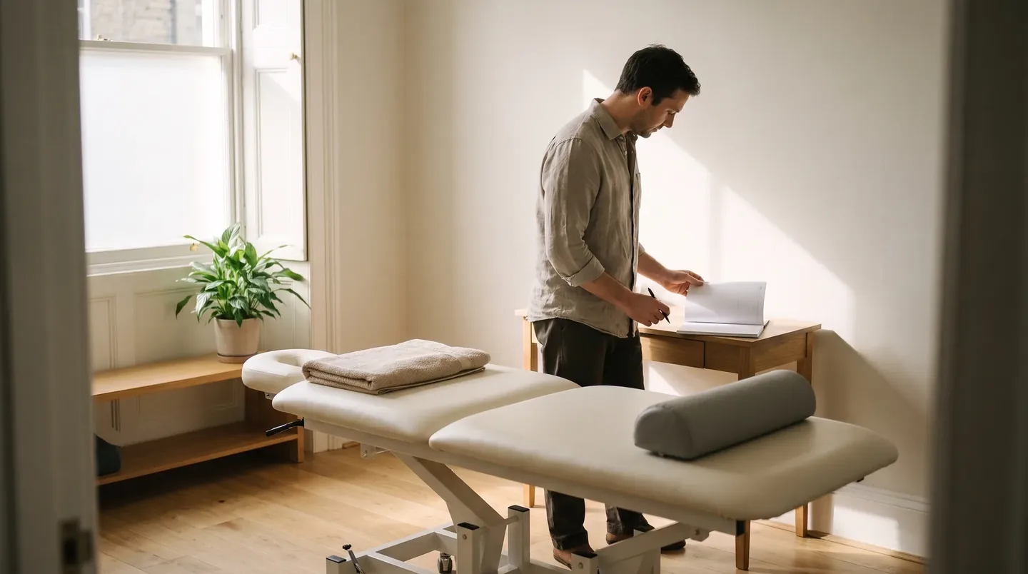 Osteopath checking the appointment diary in a private osteopathy practice