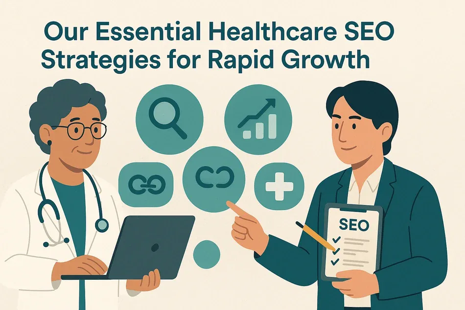 Cover illustration for "Our Essential Healthcare SEO Strategies for Rapid Growth": a clinician at a laptop and a consultant holding an SEO checklist among a magnifier, links, a rising chart and a medical cross