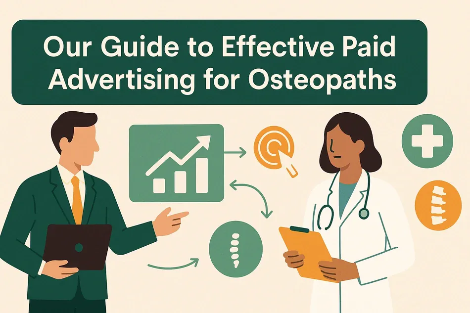 Cover illustration for "Our Guide to Effective Paid Advertising for Osteopaths": a consultant at a laptop and a doctor with a green bar chart, a target and a medical cross