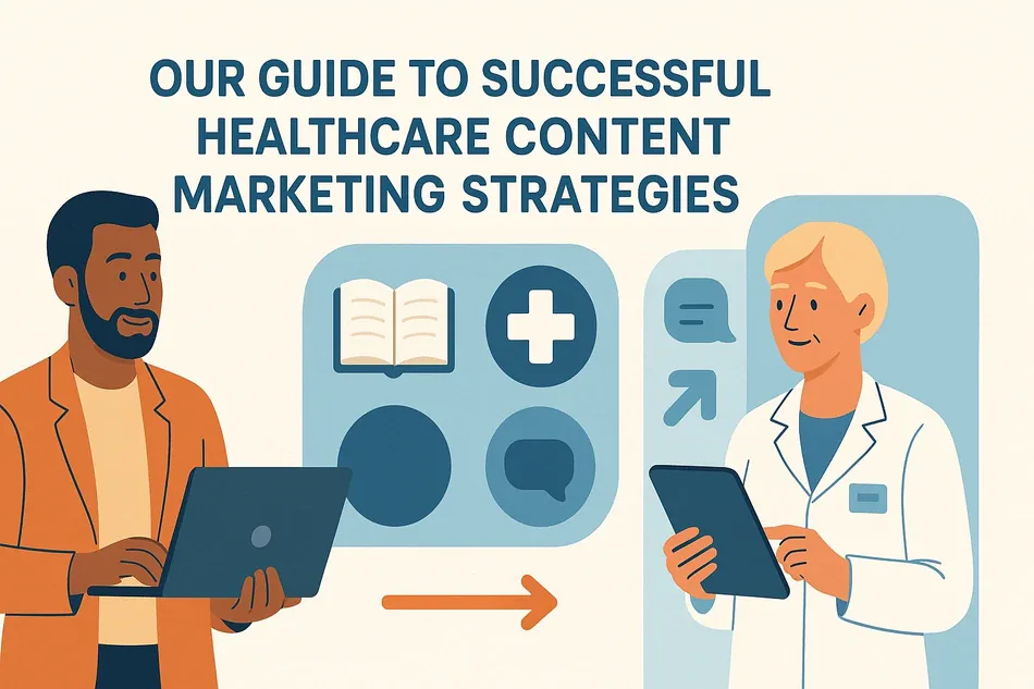 Cover illustration for "Our Guide to Successful Healthcare Content Marketing Strategies": a consultant with a tablet and a colleague with open-book, medical-cross and chat cards linked by an orange arrow