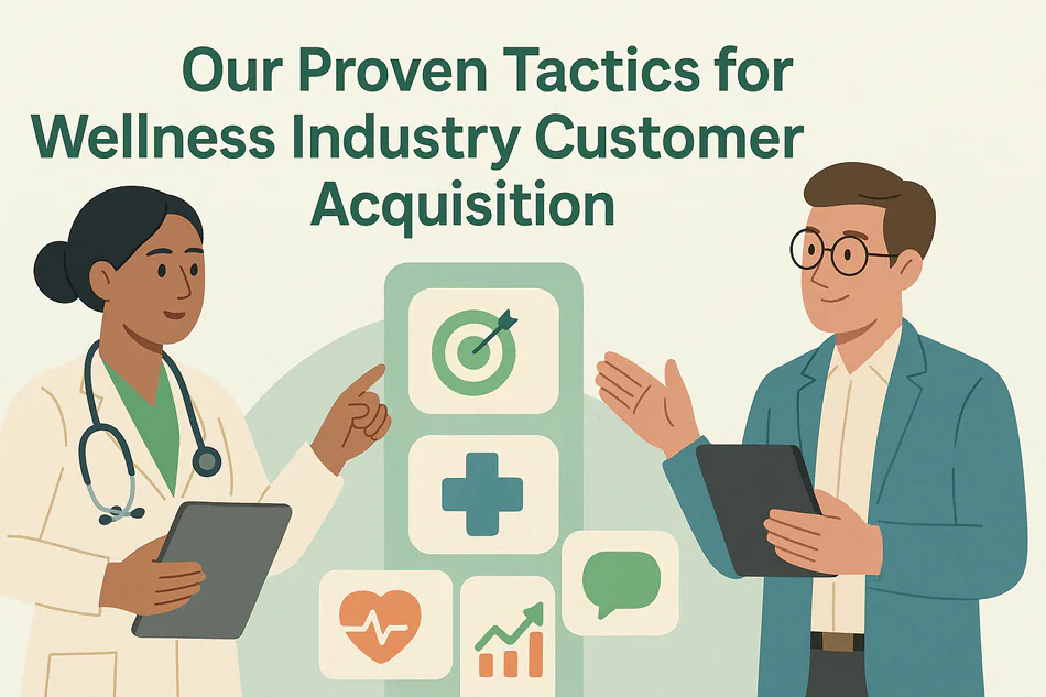 Cover illustration for "Our Proven Tactics for Wellness Industry Customer Acquisition": a doctor and a consultant with a tablet among target, medical cross, ECG heart and chart cards