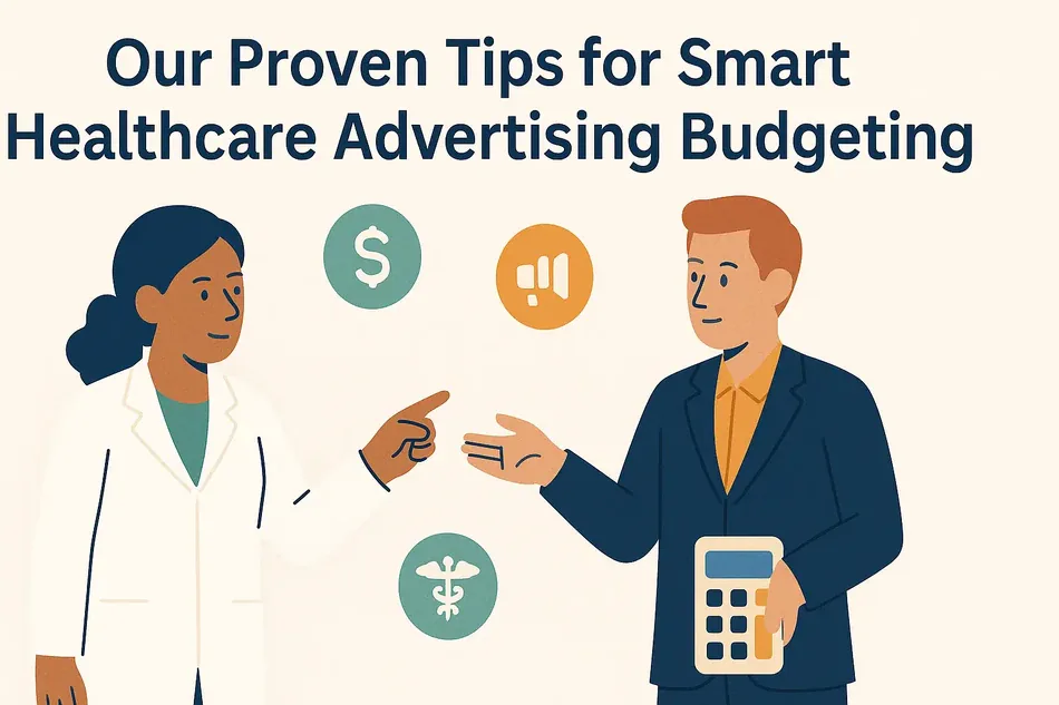 Cover illustration for "Our Proven Tips for Smart Healthcare Advertising Budgeting": a doctor and a consultant in a blue jacket among dollar signs, a chart, a caduceus and a calculator