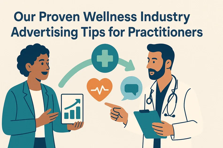 Cover illustration for "Our Proven Wellness Industry Advertising Tips for Practitioners": a consultant with a chart and a clinician in a lab coat linked by a medical cross, a heart and a chat bubble with green arrows