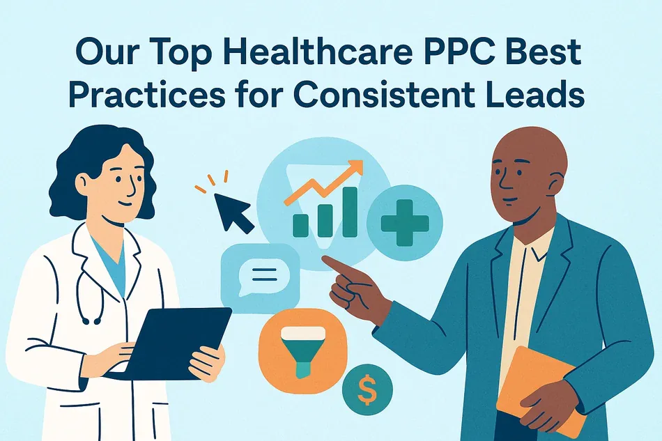 Cover illustration for "Our Top Healthcare PPC Best Practices for Consistent Leads": a doctor with a laptop and a consultant with a folder on a light blue background, among a cursor, a chart, a funnel and a dollar sign