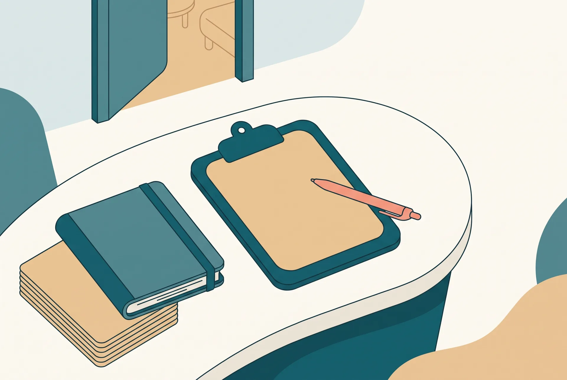 A clipboard holding a single printed form, lying on the reception desk of a small therapy practice in daylight, photographed from above at a slight angle. A pen rests across the sheet, a closed appointment book and a short stack of identical blank sheets sit beside it, and behind the desk a half-open door onto a treatment room is slightly out of focus. No people in frame and no readable text on the sheet.