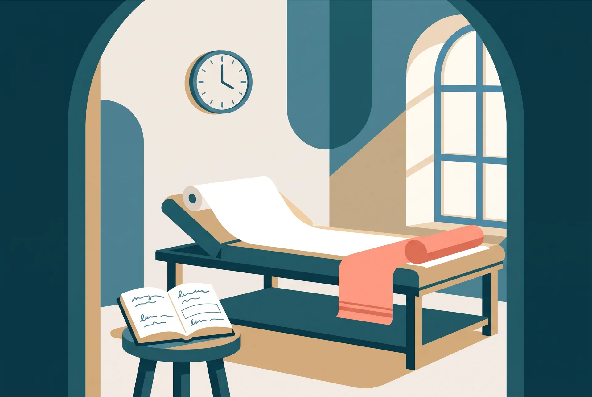 A treatment room in a small manual therapy practice in the middle of a working morning, seen from the doorway: the couch freshly made up with clean paper unrolled across it and nobody on it, a folded towel and a bolster squared away at one end, a wall clock reading a quarter past the hour, an open paper appointment book on a stool by the wall with one line of the column left blank between two written entries, daylight from a side window falling across the empty couch, no people in frame