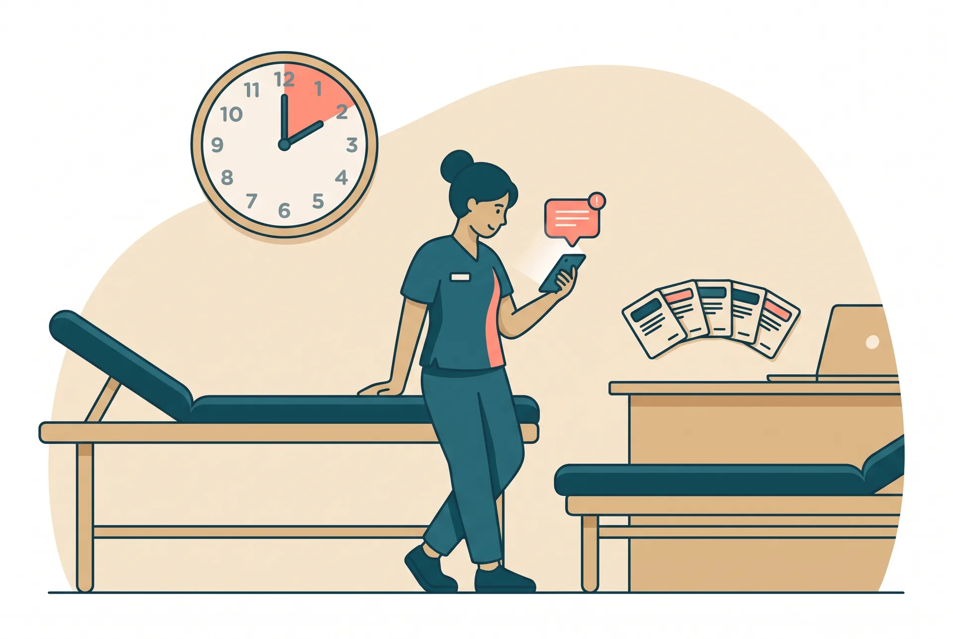 A physiotherapist standing between two treatment couches in a busy clinic, glancing at a phone showing unread messages while a wall clock marks the ten minutes between patients, with six small labelled cards fanned out on a desk beside a laptop
