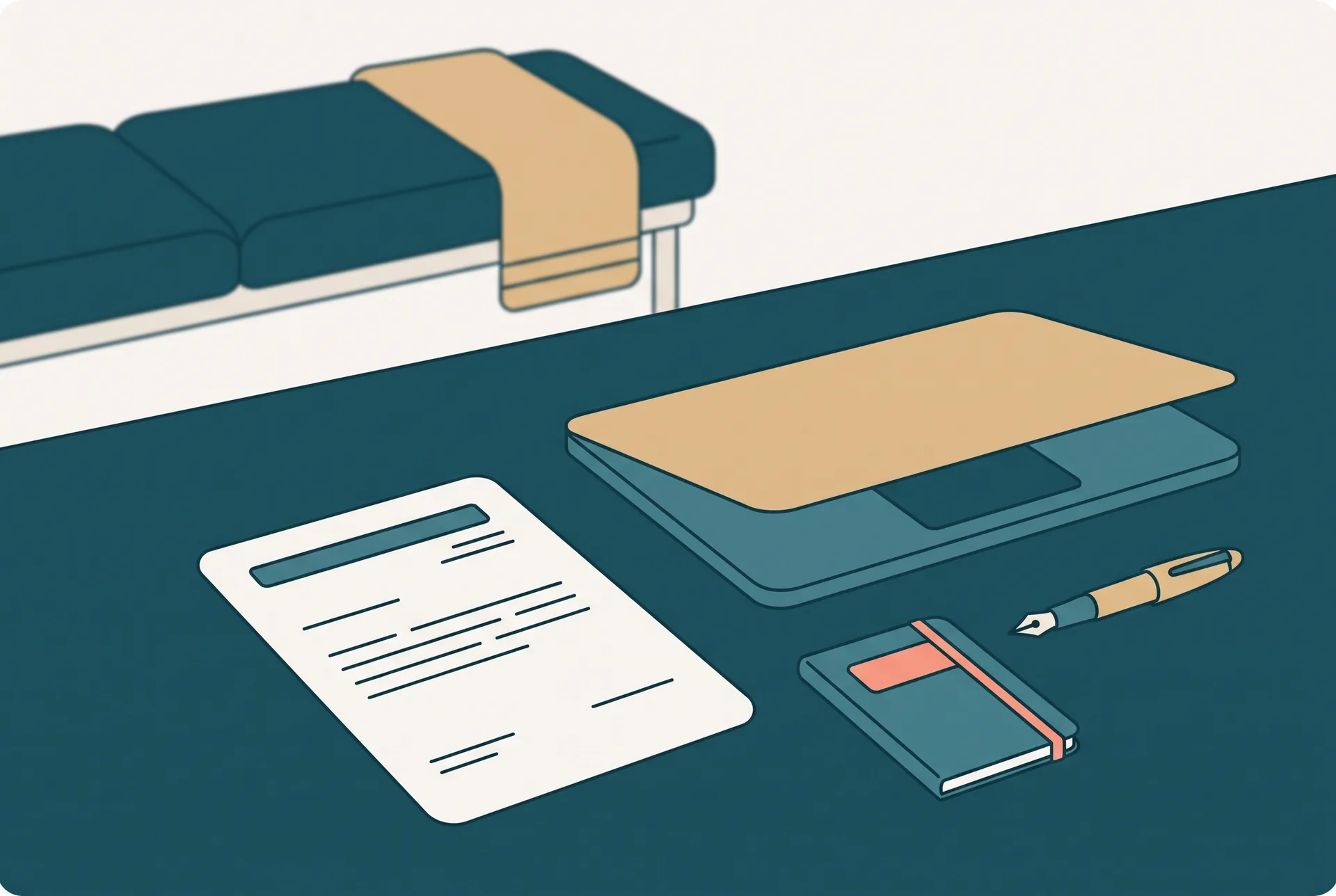 A single printed letter on headed paper lying on a physician's desk beside a closed laptop, a prescription pad and a fountain pen, photographed from directly above in daylight. Behind the desk, slightly out of focus, a physiotherapy treatment couch with a folded towel. No people and no readable text in frame.