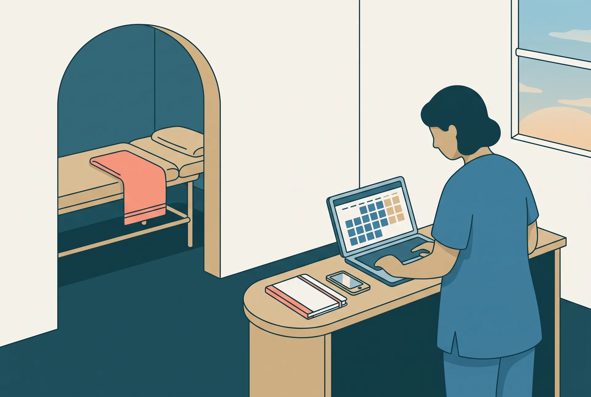 A manual therapist at the end of the working day in a small two-room practice, standing at a narrow reception counter with a laptop open on a week of appointments beside a paper diary and an unopened phone, the treatment table and a folded towel visible through the doorway behind, quiet evening light