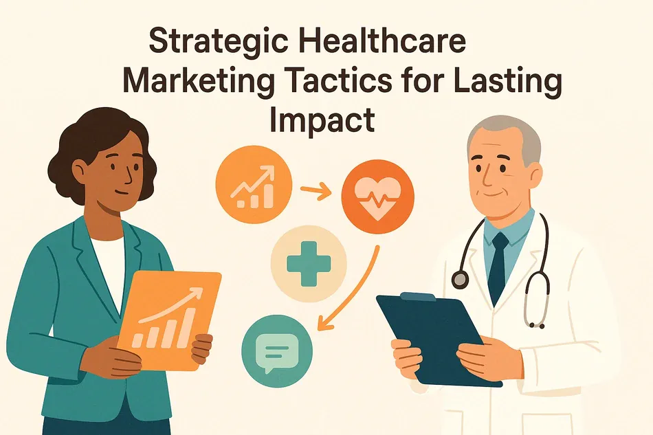 Cover illustration for "Strategic Healthcare Marketing Tactics for Lasting Impact": a consultant with an orange chart and a senior clinician with a folder among a medical cross, a heart and a chat bubble
